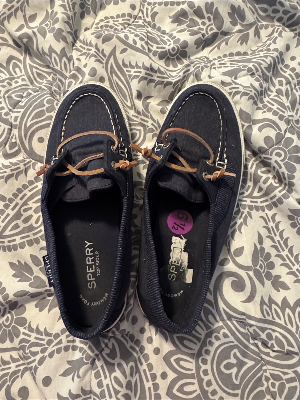 Sperry Navy Canvas Moccasins with Tan Laces